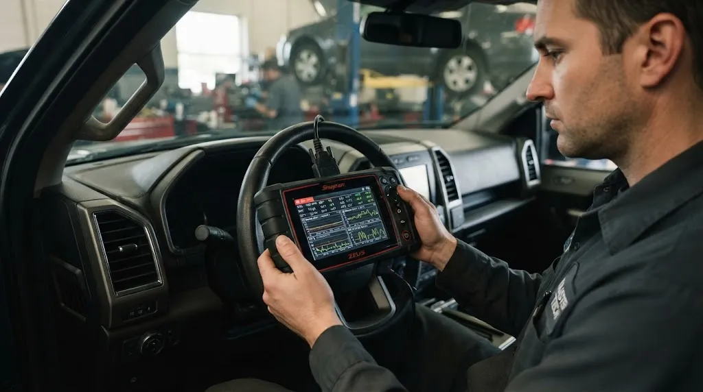 Technician viewing live sensor data on a diagnostic scanner inside a workshop.