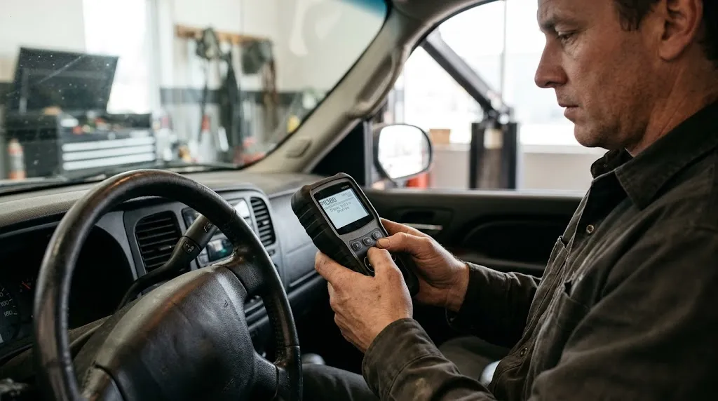 Mechanic reading vehicle emission codes on a diagnostic handheld device.