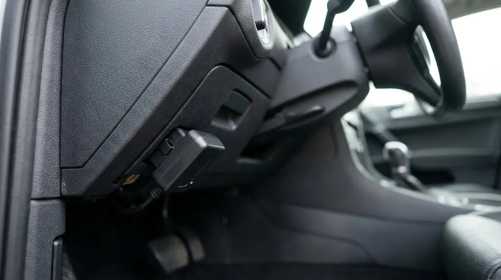 Close-up of an OBD2 diagnostic adapter connected underneath a car dashboard.