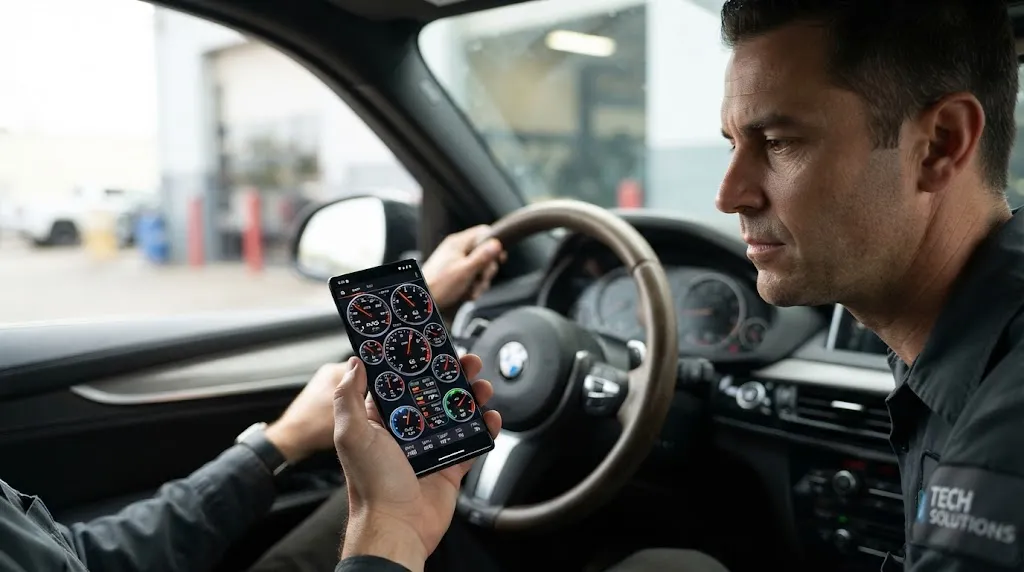Driver checking custom dashboard gauges on an Android app connected to an ELM327 adapter.
