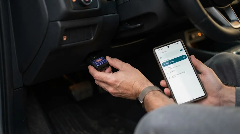 Hand plugging ELM327 adapter into car OBD2 port while checking smartphone Bluetooth settings