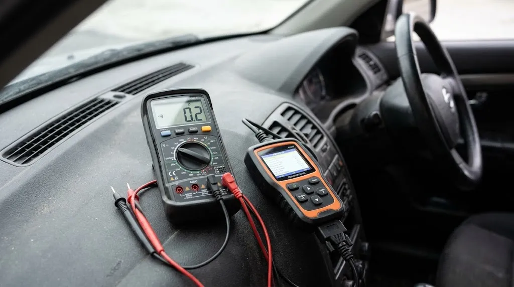 Multimeter testing OBD2 port continuity for ground troubleshooting.