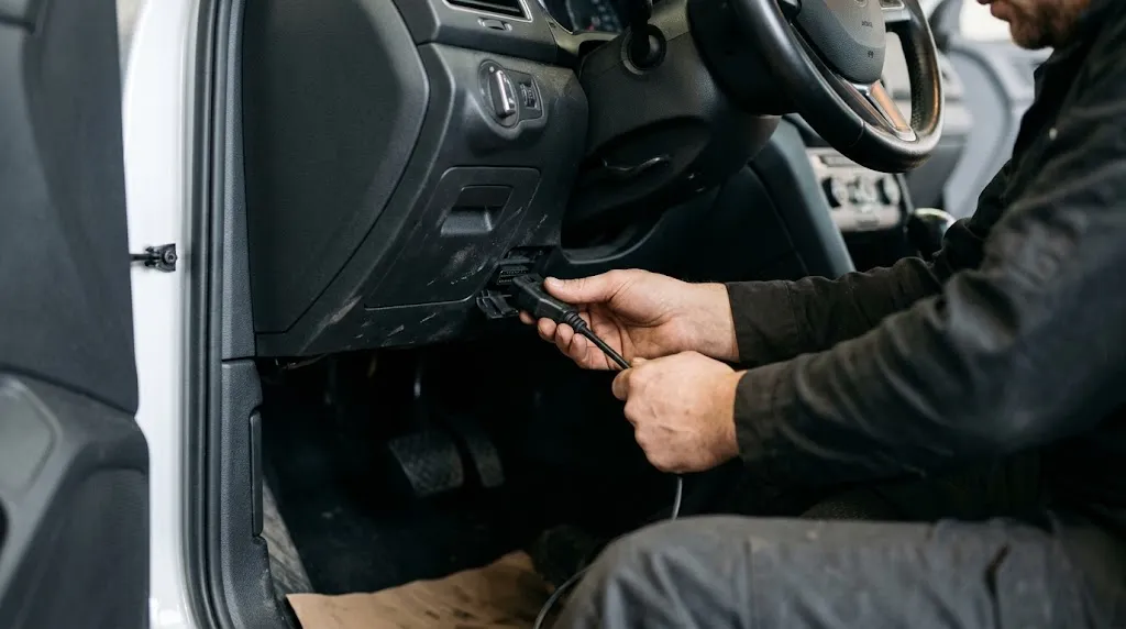 Mechanic connecting a code reader to the vehicle under-dash diagnostic communication port.
