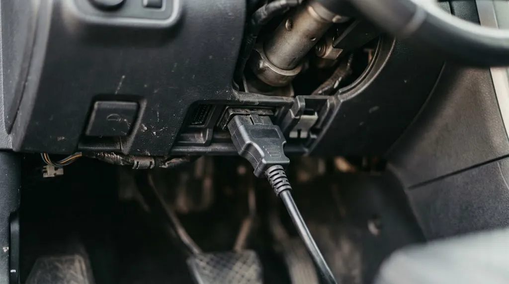 Close-up of an OBD2 scanner connected to a car dashboard diagnostic port.