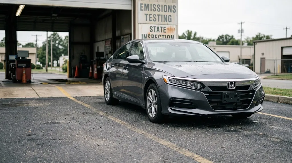 Vehicle parked at an emissions testing center reflecting modern OBD2 inspection standards.