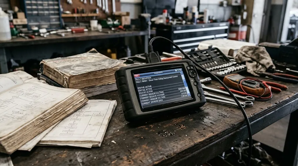 Diagnostic tool displaying live SRS fault definitions and module status.
