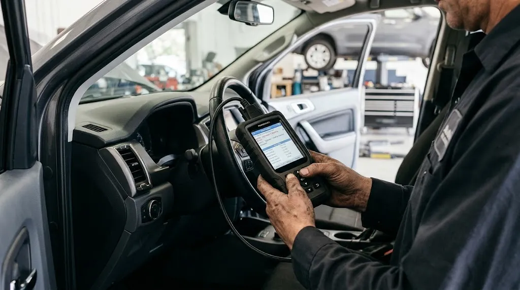 Mechanic reviewing a confirmed diagnostic fault code on a professional scan tool.