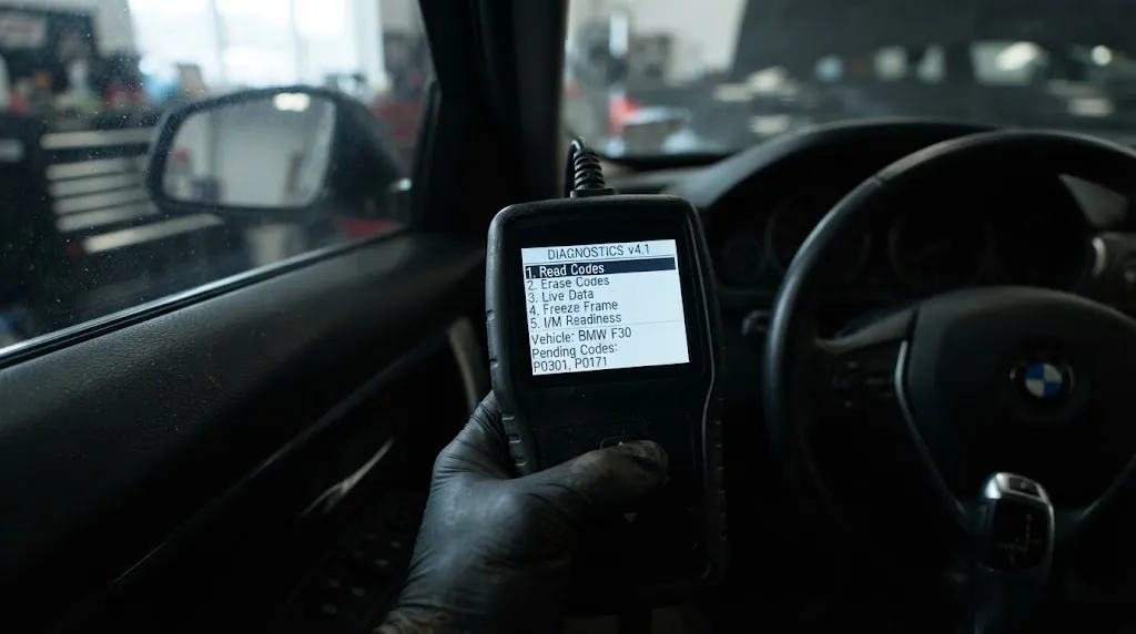 Close-up of diagnostic scanner screen showing OBD2 trouble codes and engine parameters.