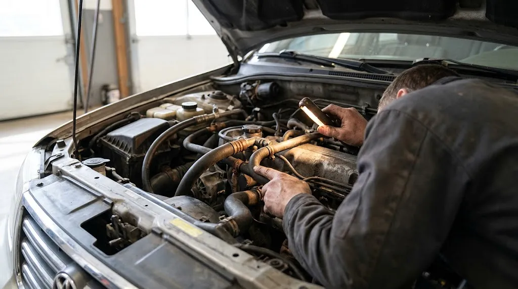Mechanic inspecting engine components under the hood with a flashlight.