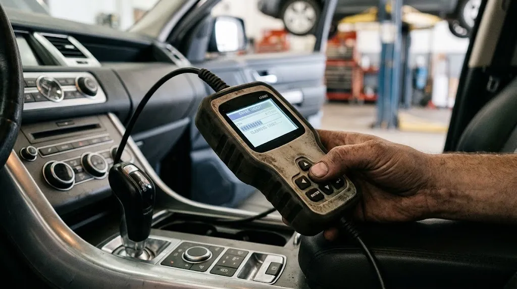 Mechanic holding scanner to clear diagnostic trouble codes on car console.