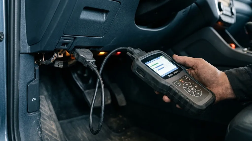 Close-up of an OBD2 scanner plugged into a car dashboard port.