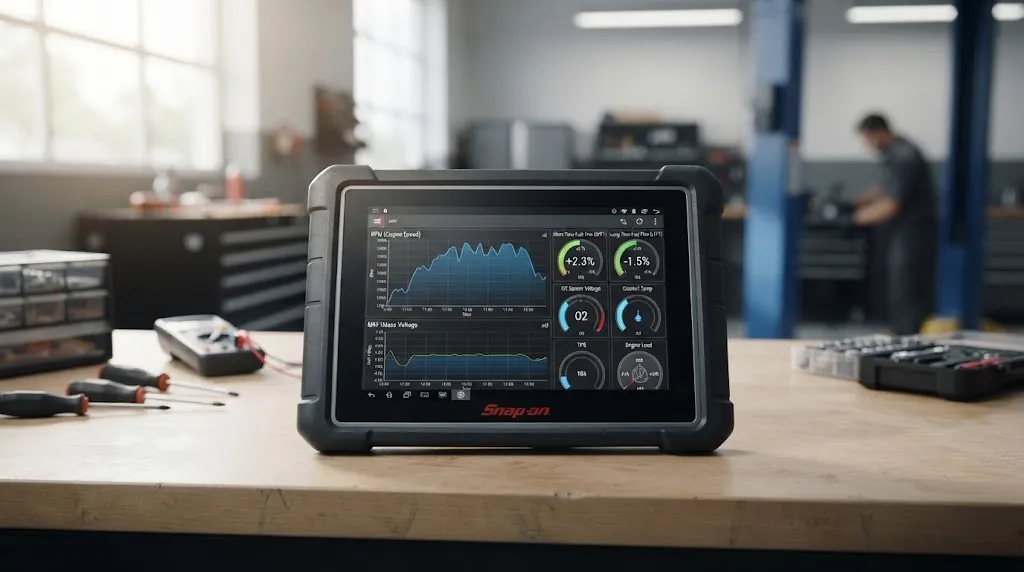 Diagnostic tablet displaying live sensor data streams and graphs for vehicle checks.