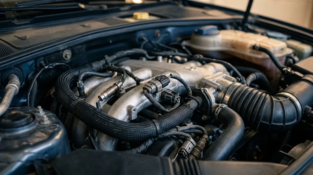 Close-up of car engine bay sensors monitored by EOBD systems.