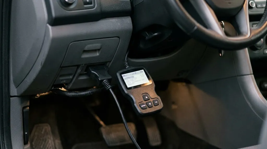 Close-up of an OBD-II code reader connected to a car dashboard port.