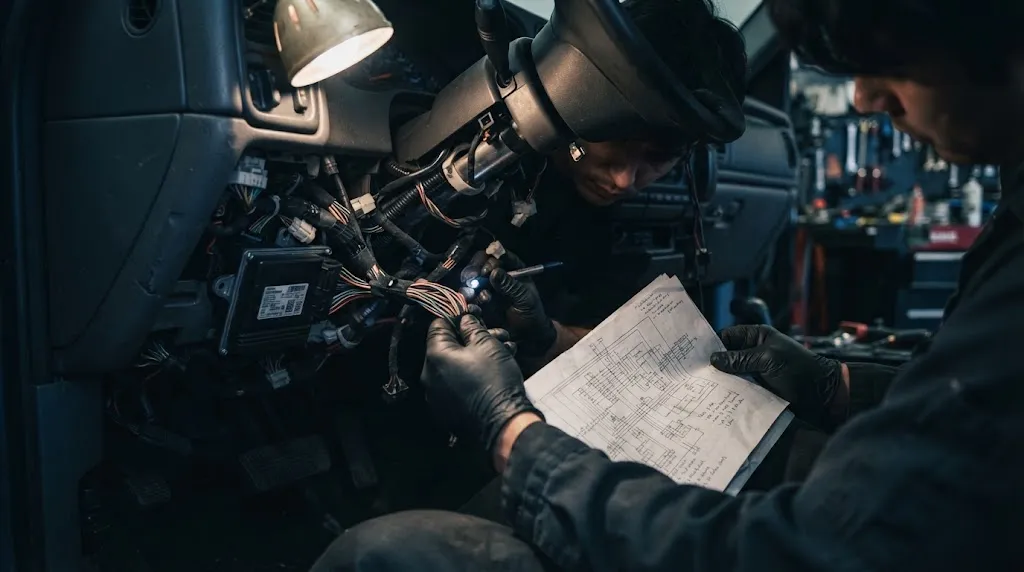 Technician checking vehicle wiring harness during automotive diagnostics.