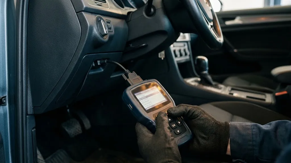 Close-up of an OBD2 diagnostic scanner connected under a car dashboard.