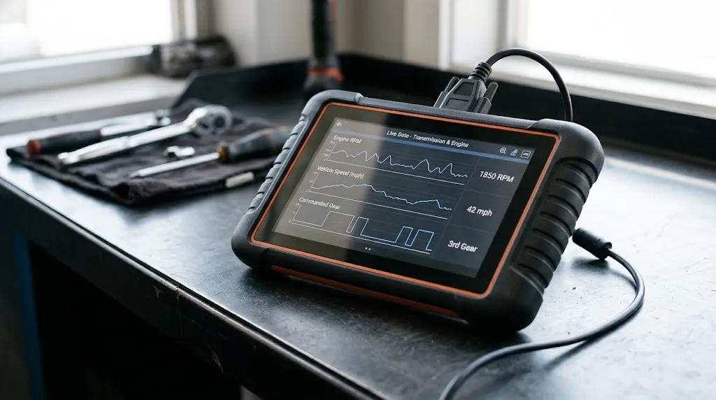 Diagnostic tool screen showing live transmission sensor data and speed ratios.