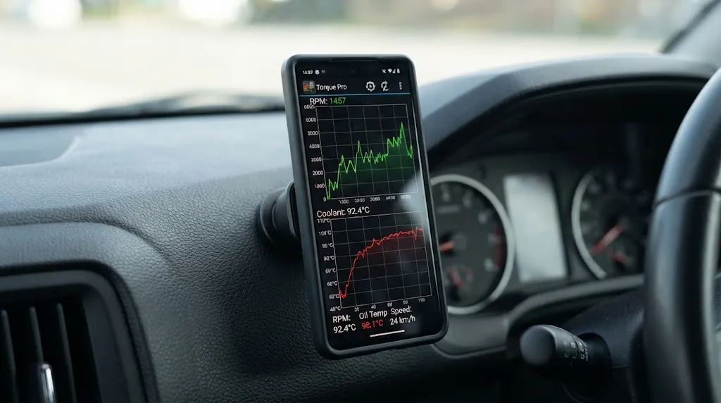 Mobile app showing real-time OBD2 live data parameters like RPM and coolant temperature.