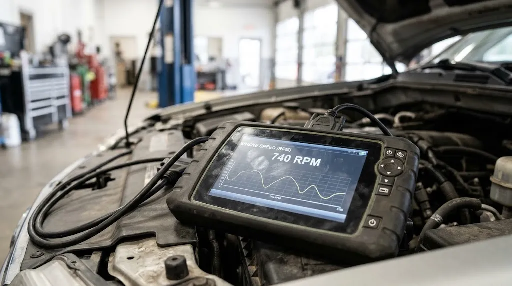Scan tool screen showing live engine rotational speed and crankshaft velocity data.