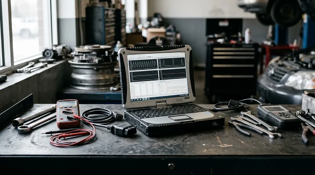 Diagnostic laptop displaying multi-parameter live data graphs alongside tools.