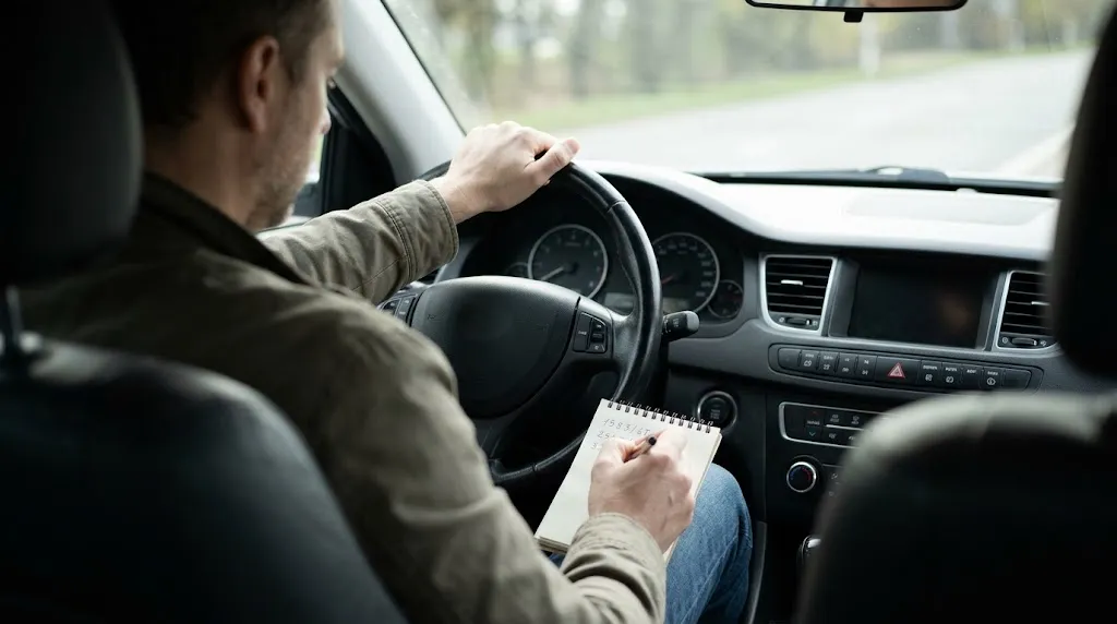 Driver writing down a pending fault code from an OBD2 scanner.