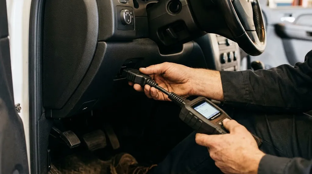 Close-up of a corded OBD2 scanner connected to a car dashboard for troubleshooting.