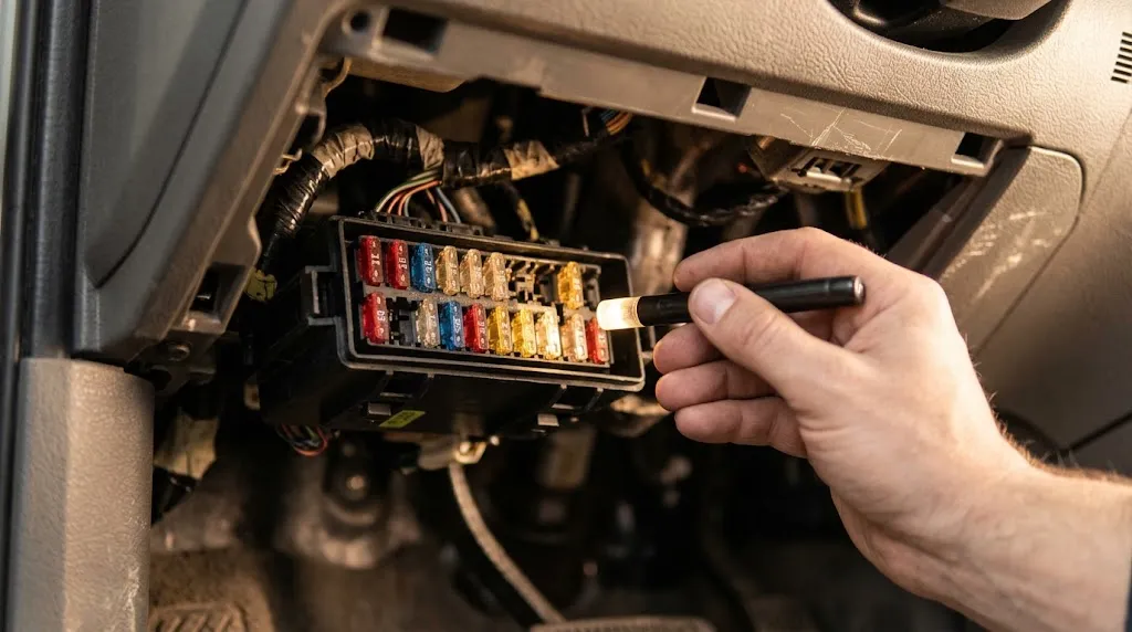 Mechanic inspecting fuses in a car interior fuse box to troubleshoot power loss.