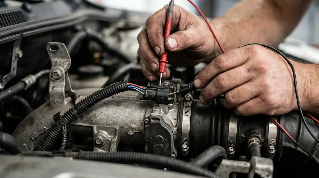 Mechanic testing throttle sensor wiring terminals with a digital multimeter.