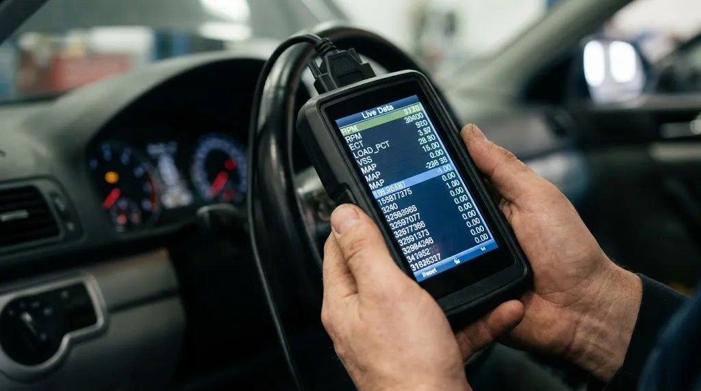 Close-up of an OBD2 scan tool displaying live engine data parameters.