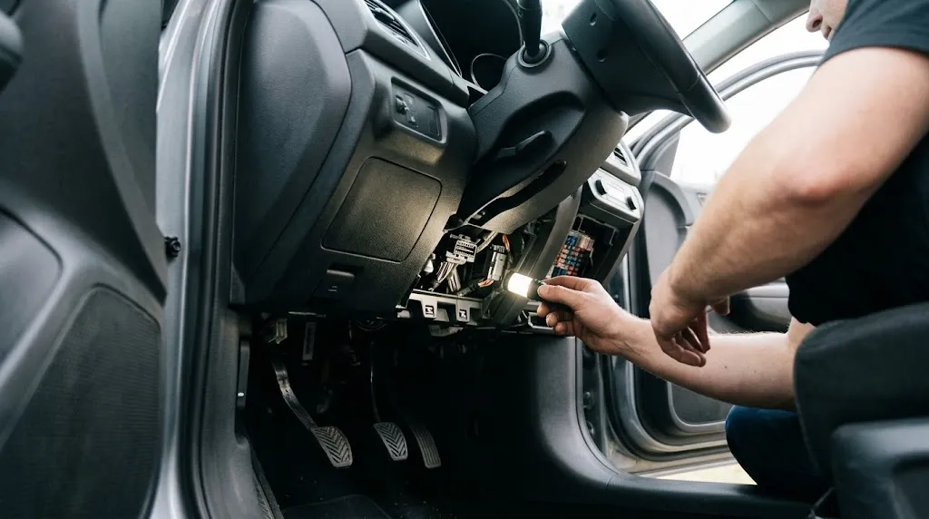 Close-up view of a driver's footwell area under the dashboard where the OBD2 port is located.