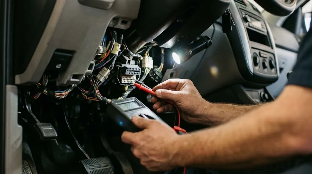 Mechanic inspecting OBD2 port wiring and pins to diagnose a communication failure.