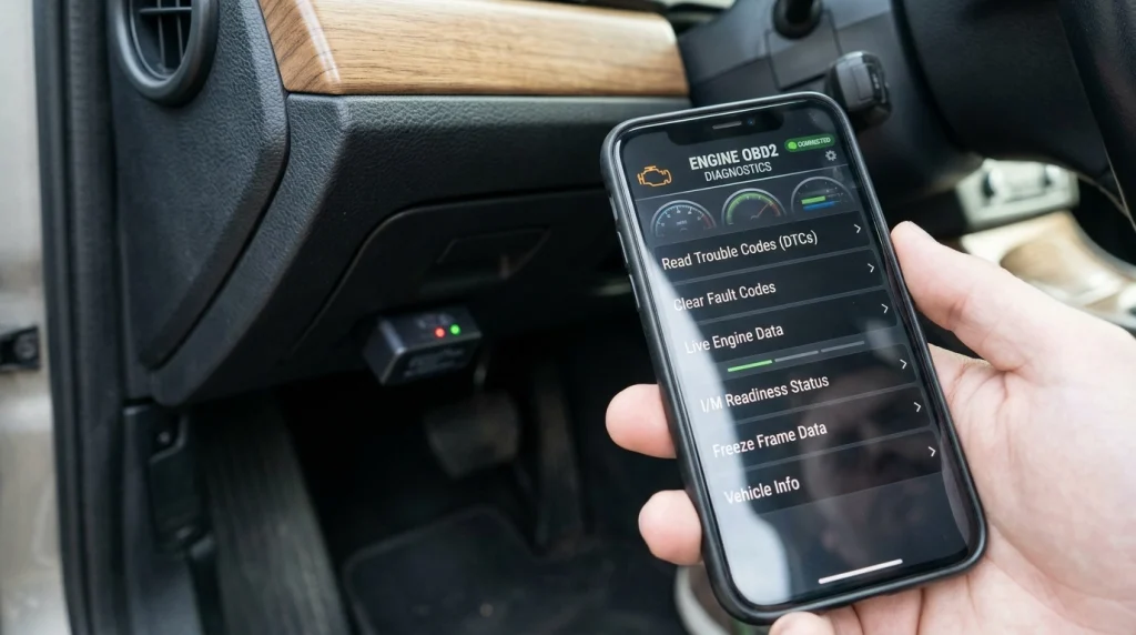 Smartphone displaying a basic engine diagnostic app connected via an OBD2 port.