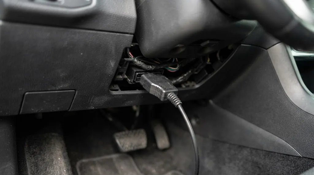 OBD-II diagnostic scanner plugged into vehicle port under dashboard