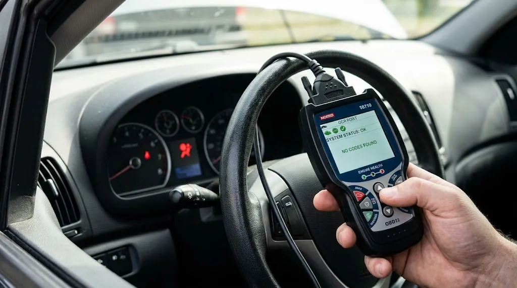 Vehicle dashboard showing an active SRS airbag warning light while a scan tool is connected.