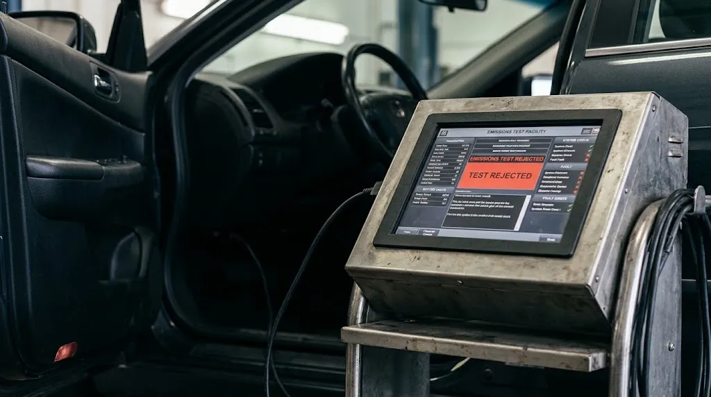 OBD2 diagnostic scanner connected to a vehicle dashboard during an emissions inspection test.